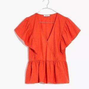 Madewell Linen-Blend Flutter-Sleeve Peplum Top NA371 XS